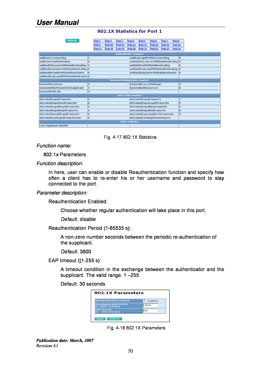 Ruby Tech GS-1224L manual User Manual, Function name, 802.1x Parameters, Function description, Parameter description 