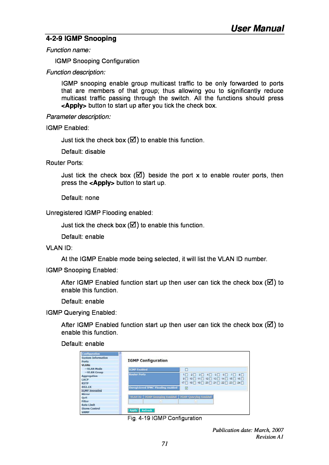 Ruby Tech GS-1224L manual IGMP Snooping, User Manual, Function name, Function description, Parameter description 
