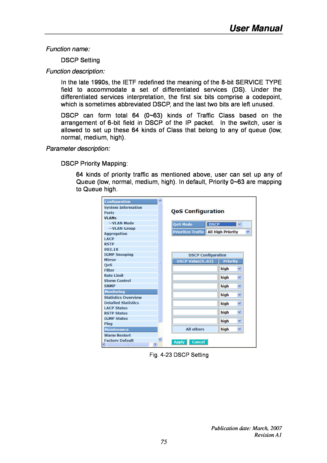 Ruby Tech GS-1224L manual User Manual, Function name, DSCP Setting, Function description, Parameter description 