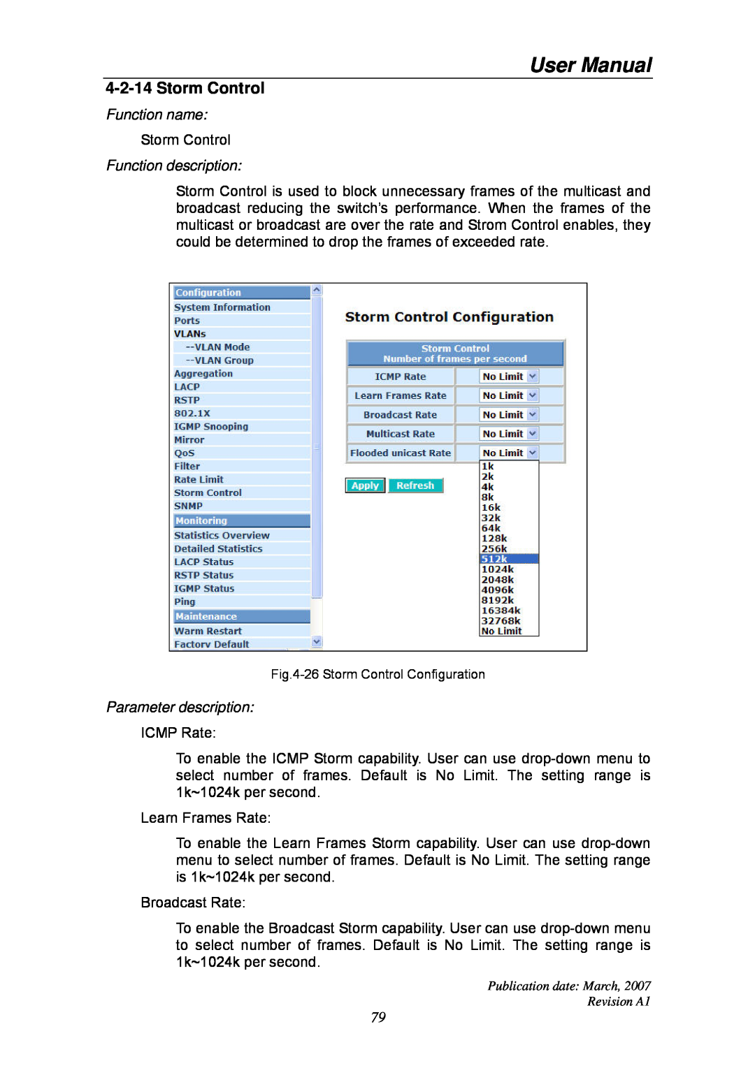 Ruby Tech GS-1224L manual Storm Control, User Manual, Function name, Function description, Parameter description 