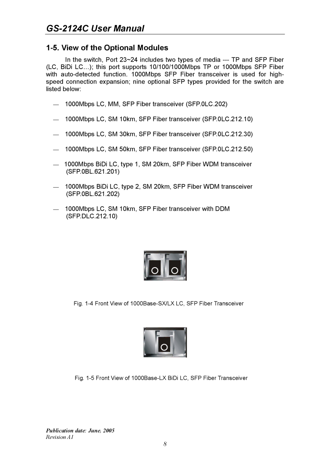 Ruby Tech GS-2124C manual Front View of 1000Base-SX/LX LC, SFP Fiber Transceiver 