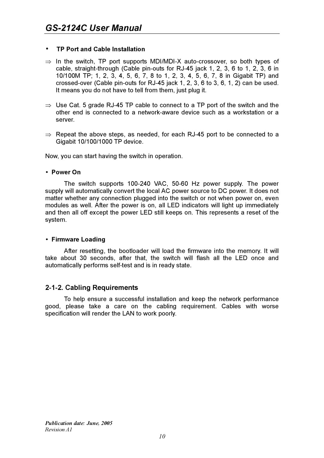 Ruby Tech GS-2124C manual Cabling Requirements 