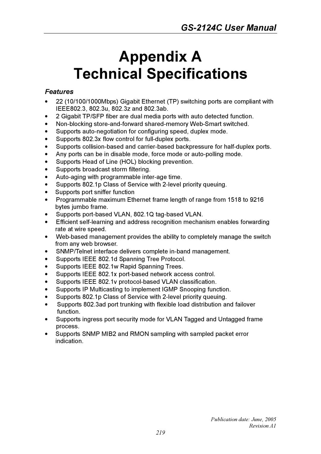 Ruby Tech GS-2124C manual Appendix a Technical Specifications, Features 