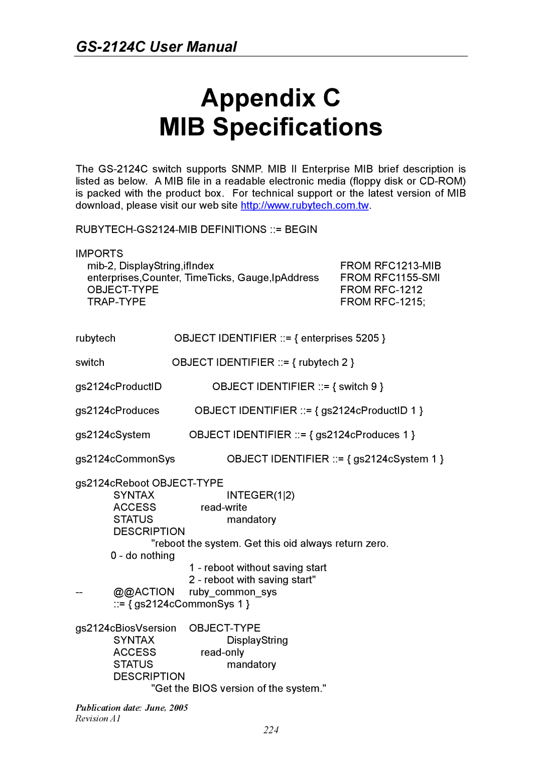 Ruby Tech GS-2124C manual RUBYTECH-GS2124-MIB Definitions = Begin Imports, From RFC1213-MIB, From RFC1155-SMI, Status 