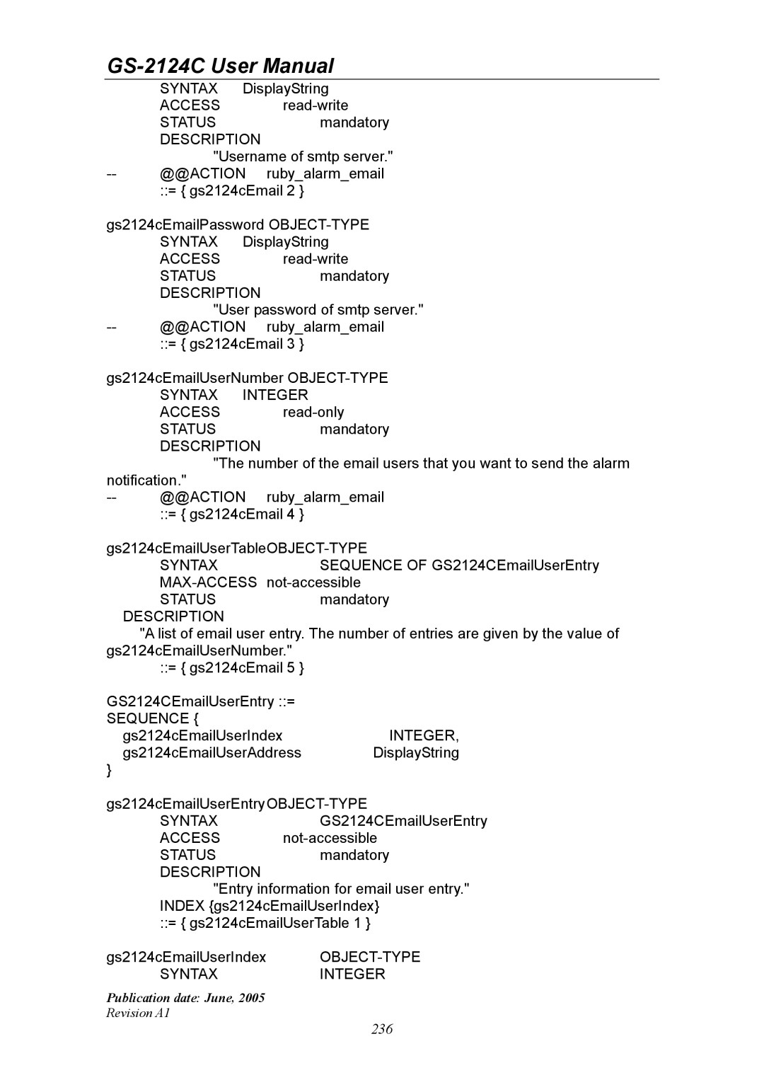 Ruby Tech GS-2124C manual Syntax DisplayString Access read-write STATUSmandatory 