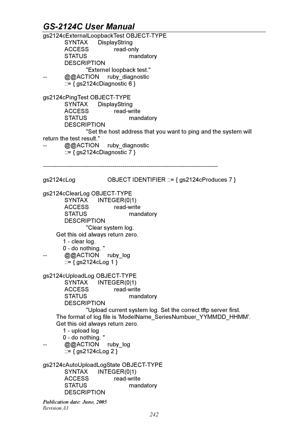 Ruby Tech GS-2124C manual Gs2124cExternalLoopbackTest OBJECT-TYPE 