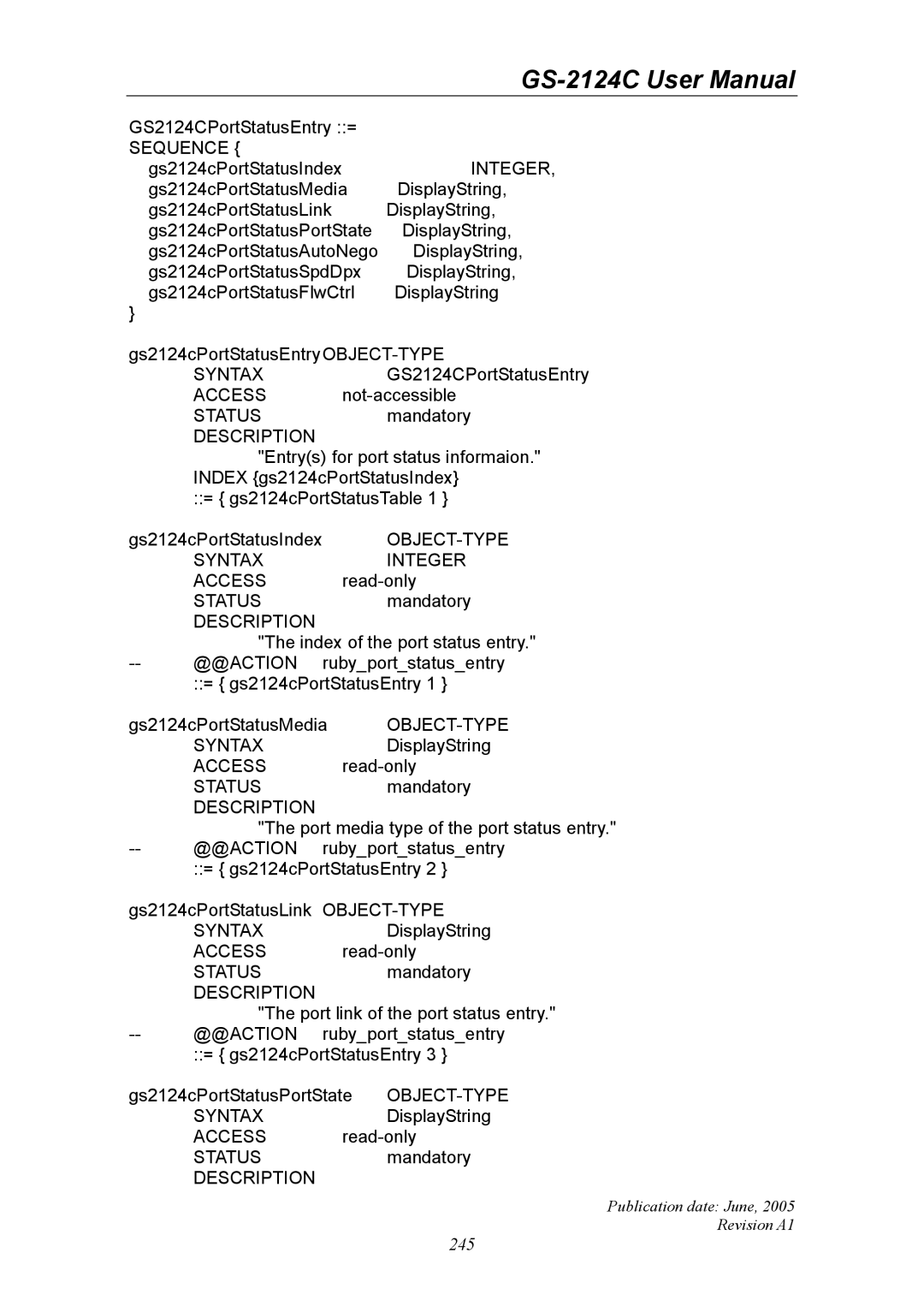 Ruby Tech GS-2124C manual GS2124CPortStatusEntry = 