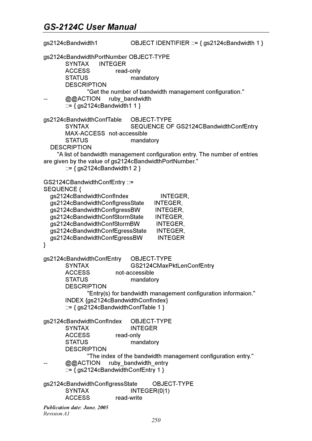 Ruby Tech GS-2124C manual Sequence of GS2124CBandwidthConfEntry 