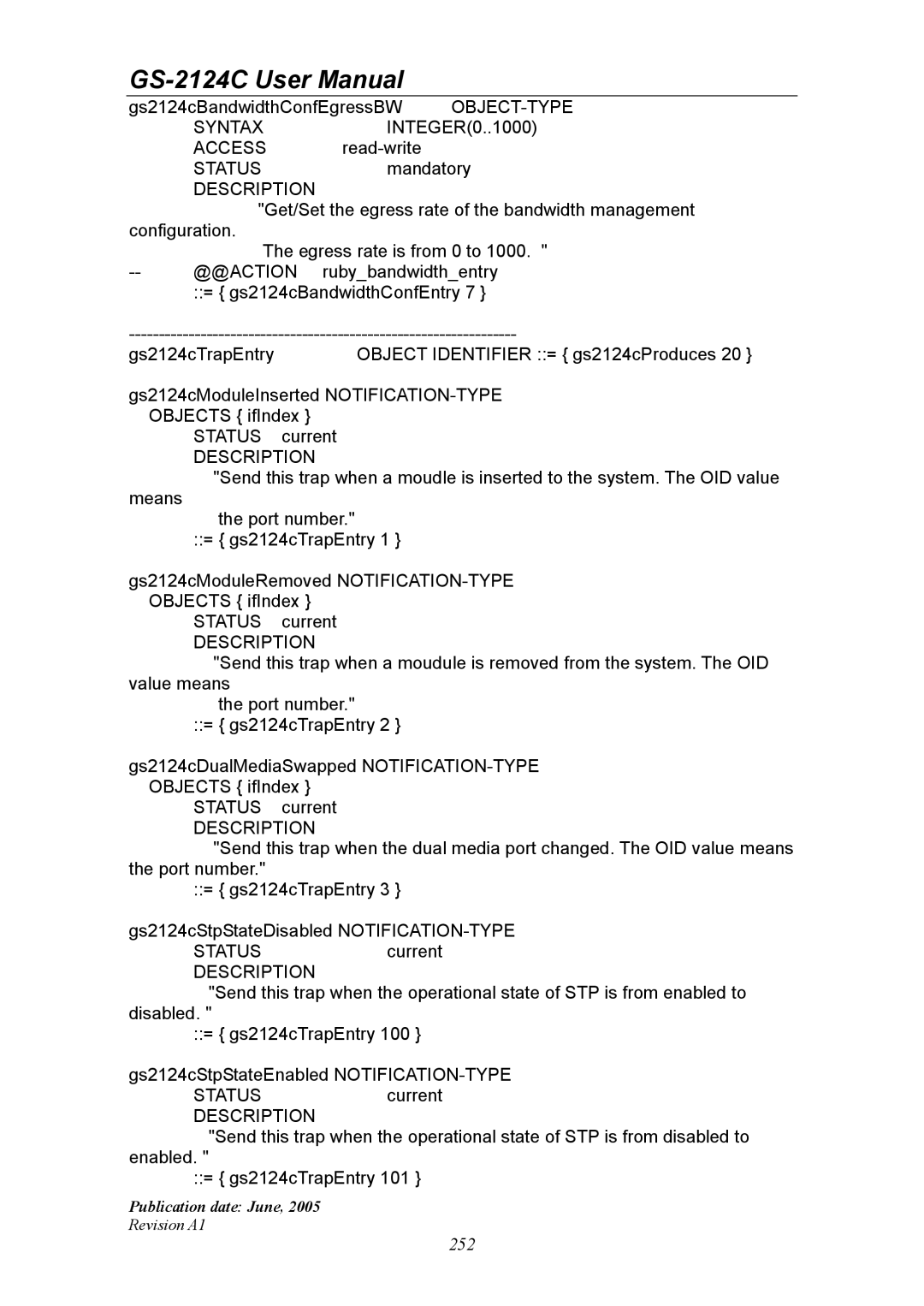 Ruby Tech GS-2124C manual Gs2124cBandwidthConfEgressBW OBJECT-TYPE 