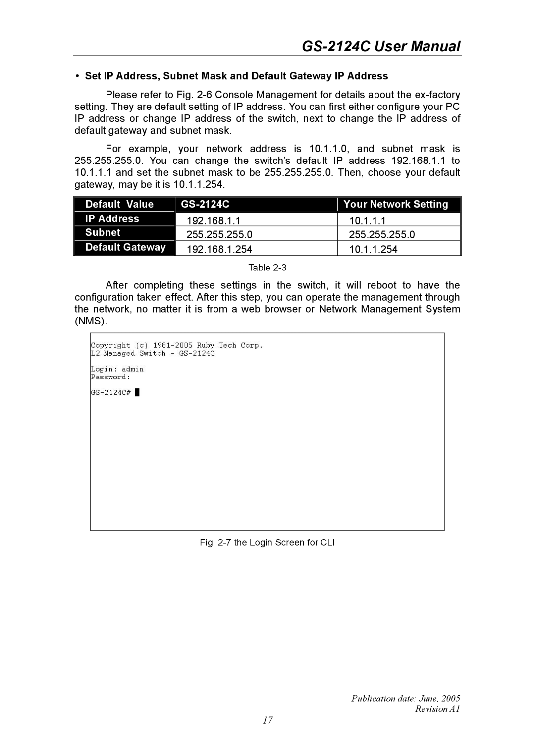 Ruby Tech manual Default Value GS-2124C Your Network Setting IP Address 