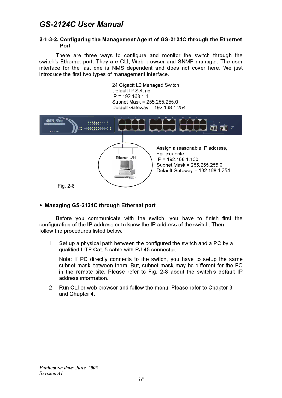 Ruby Tech GS-2124C manual Ethernet LAN 