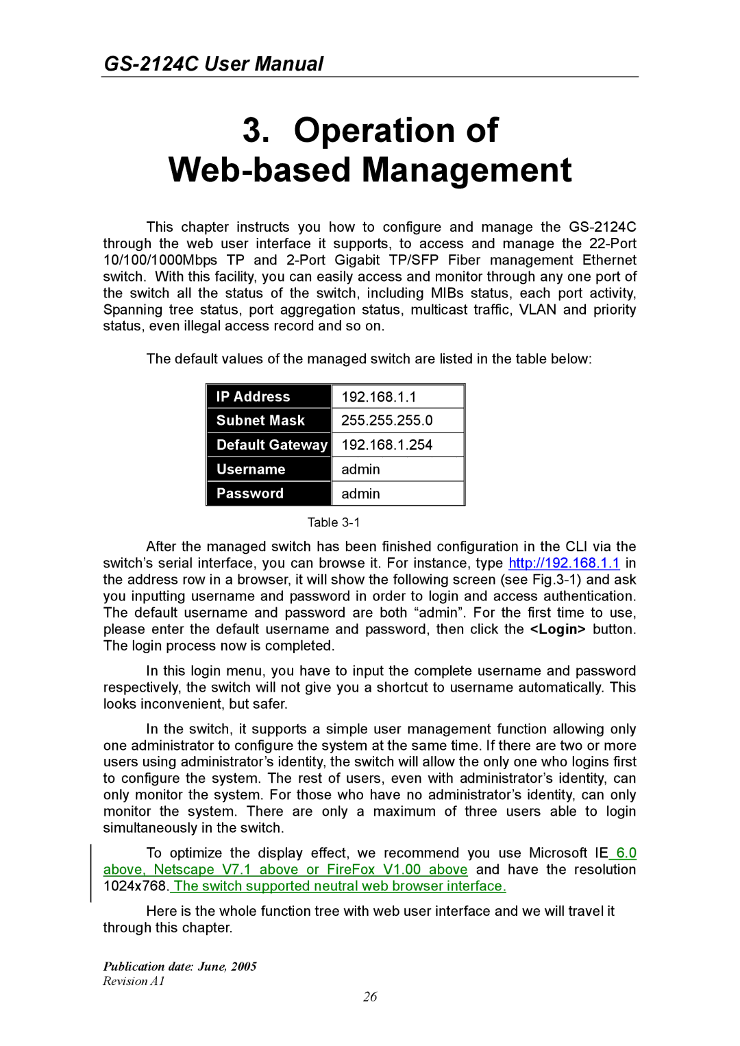 Ruby Tech GS-2124C manual Operation of Web-based Management 