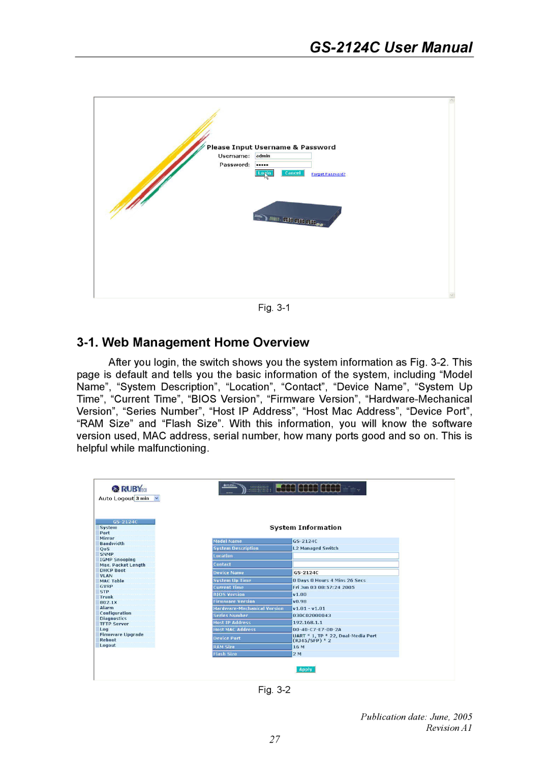 Ruby Tech GS-2124C manual Web Management Home Overview 