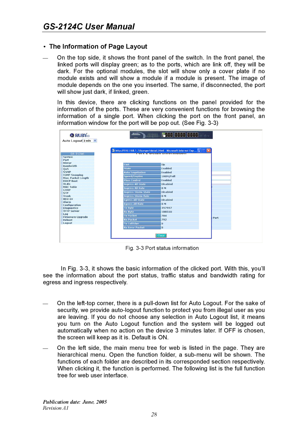 Ruby Tech GS-2124C manual Information of Page Layout, Port status information 