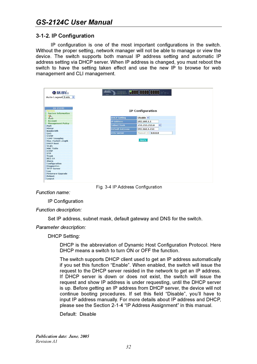 Ruby Tech GS-2124C manual IP Configuration, IP Address Configuration 