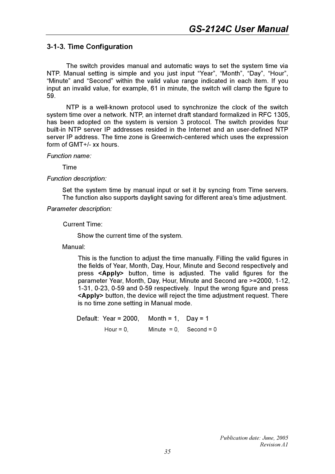 Ruby Tech GS-2124C manual Time Configuration 