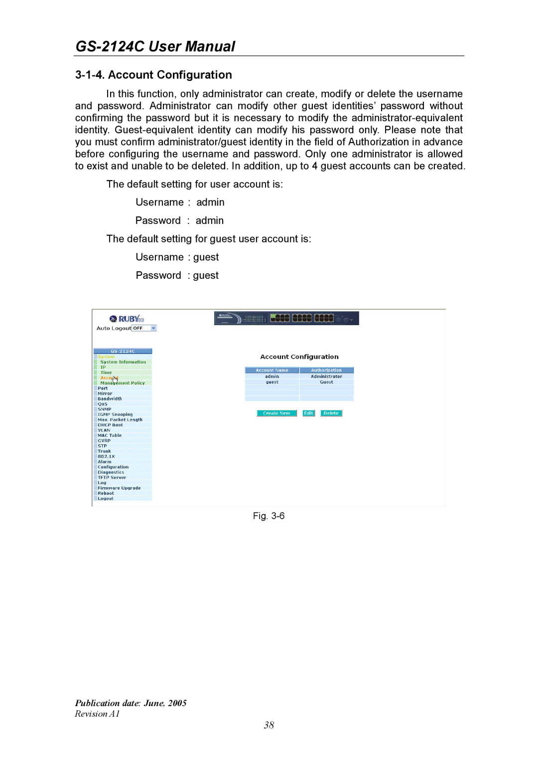 Ruby Tech GS-2124C manual Account Configuration 