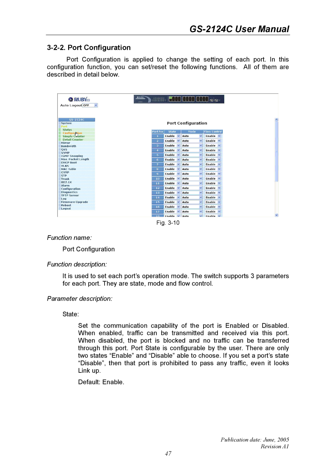 Ruby Tech GS-2124C manual Port Configuration 