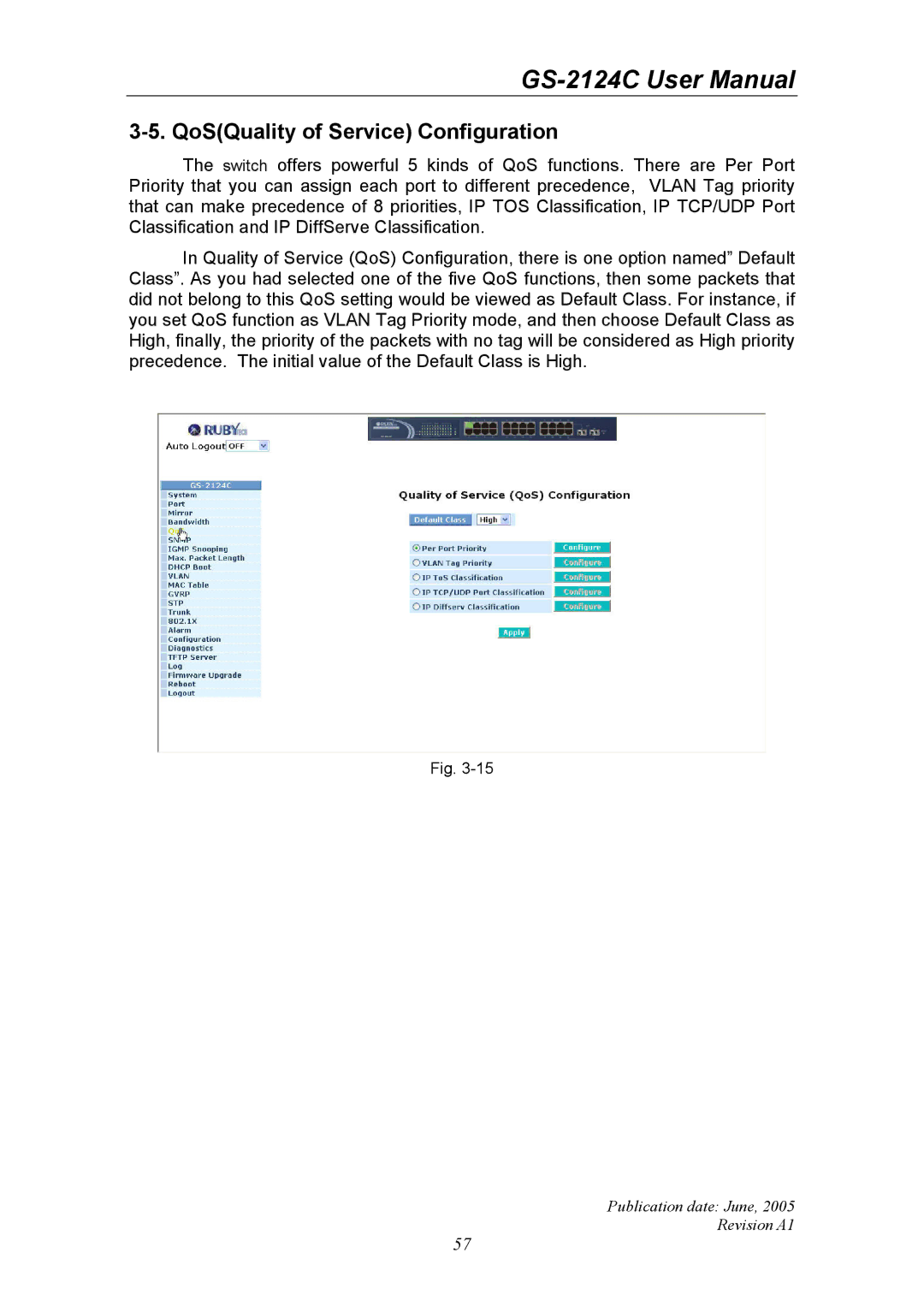 Ruby Tech GS-2124C manual QoSQuality of Service Configuration 