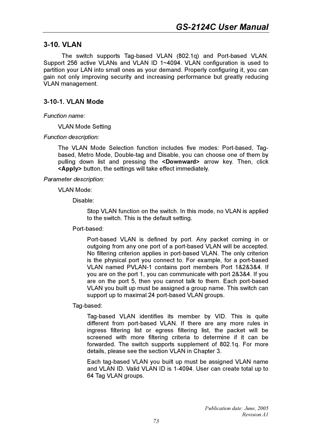 Ruby Tech GS-2124C manual Vlan Mode 