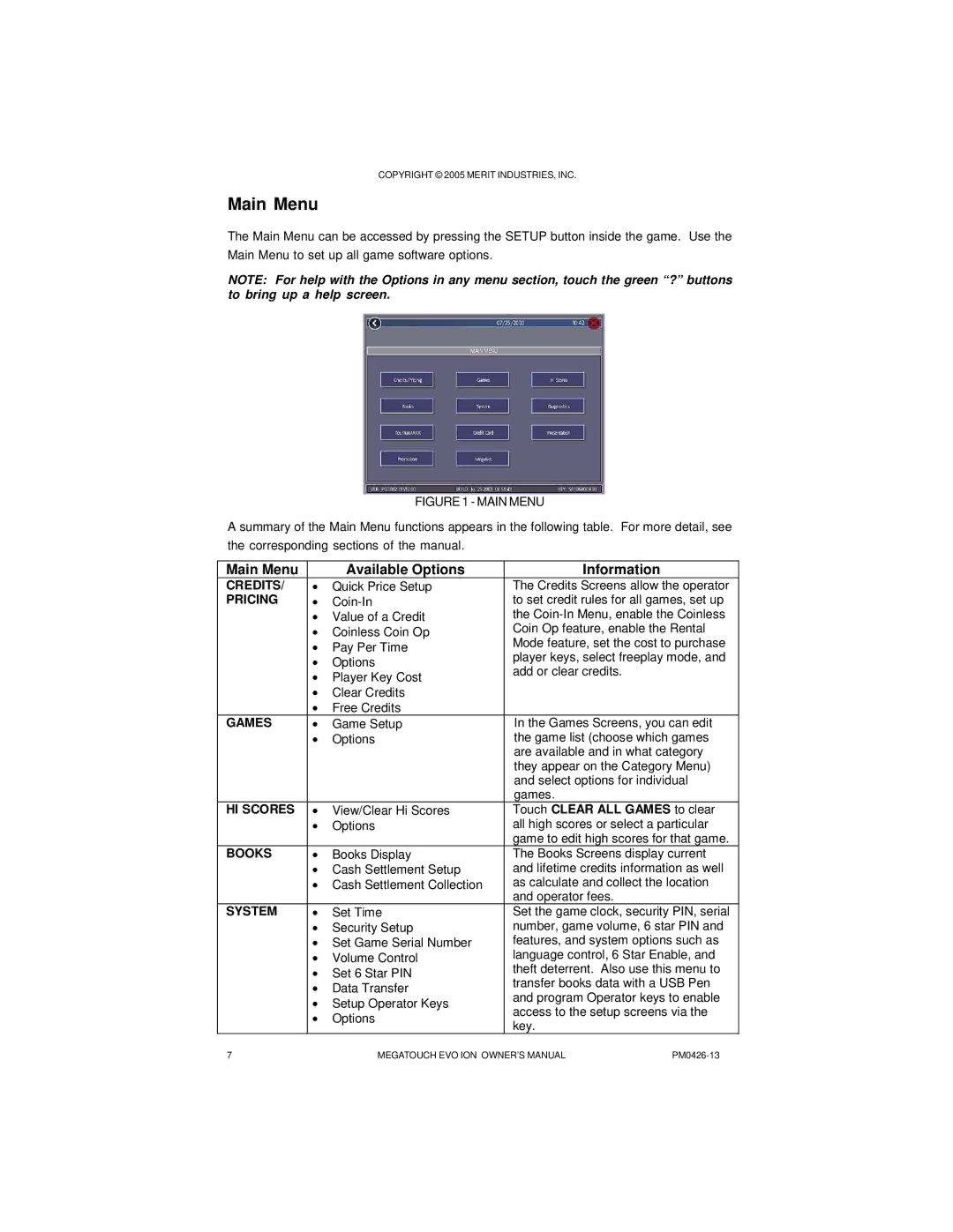 Ruby Tech PM0426-13 owner manual Main Menu Available Options Information, Touch Clear ALL Games to clear 