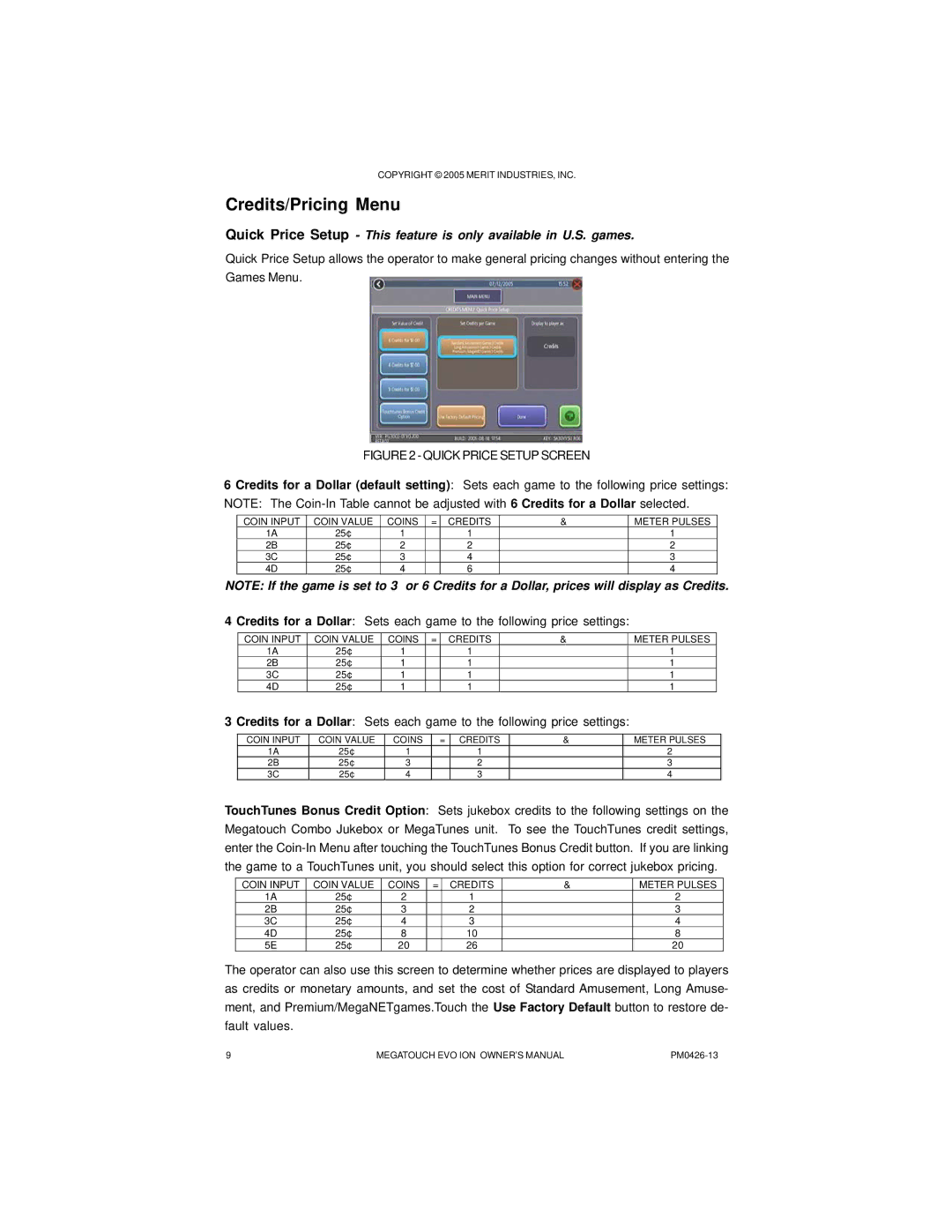 Ruby Tech PM0426-13 owner manual Credits/Pricing Menu, Quick Price Setup Screen 