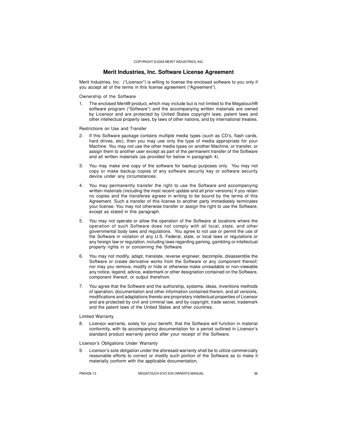 Ruby Tech PM0426-13 owner manual Merit Industries, Inc. Software License Agreement 