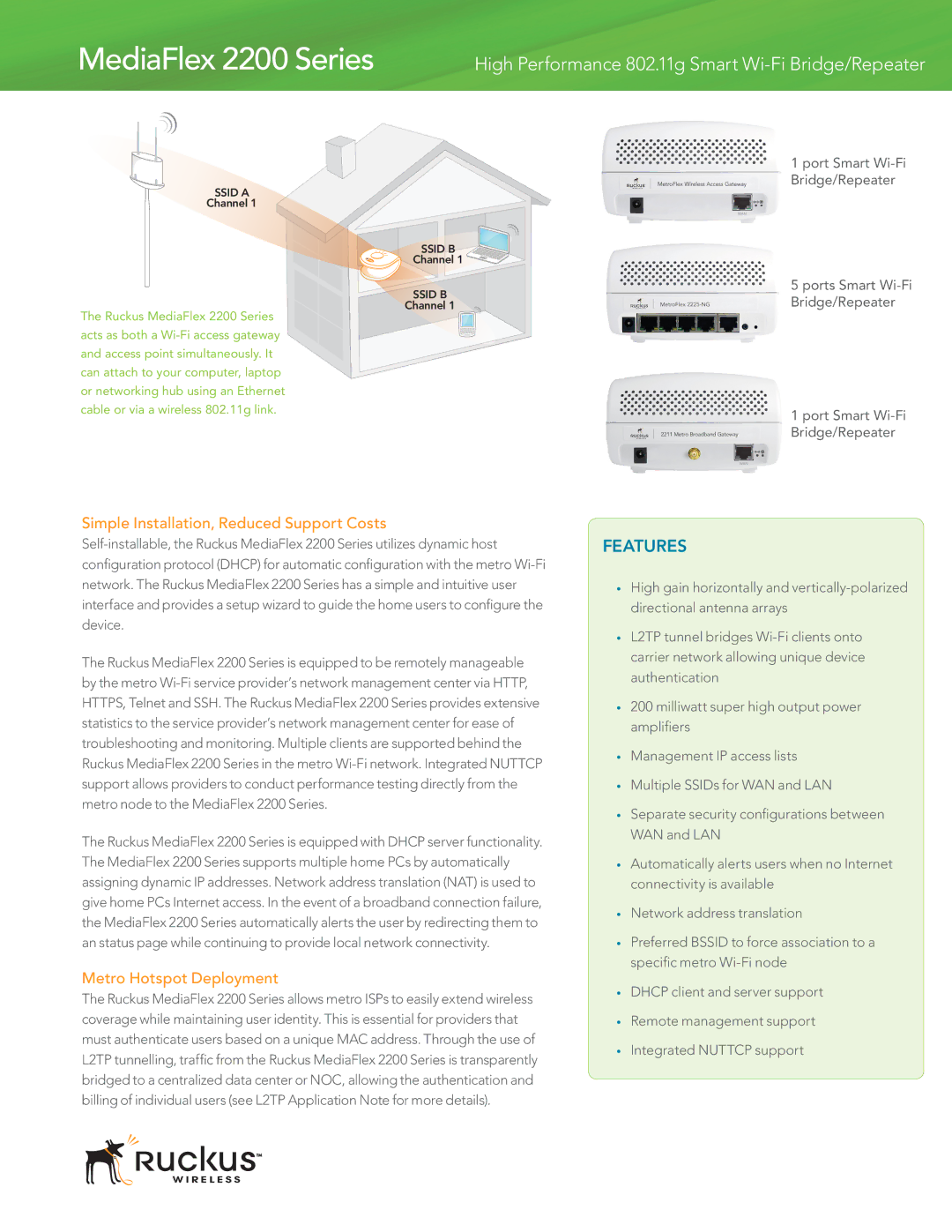 Ruckus Wireless 2200 manual Features, Simple Installation, Reduced Support Costs, Metro Hotspot Deployment 