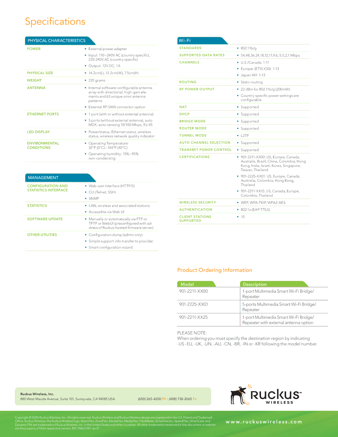 Ruckus Wireless 2200 manual Speciﬁcations, Product Ordering Information 