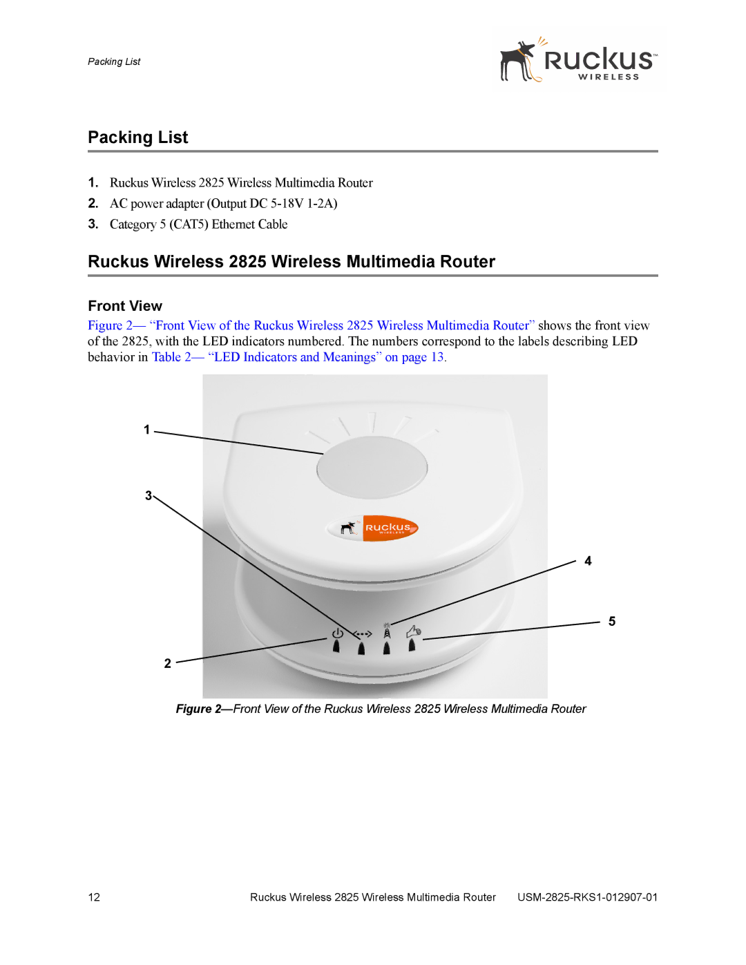 Ruckus Wireless 2111 manual Packing List, Ruckus Wireless 2825 Wireless Multimedia Router, Front View 