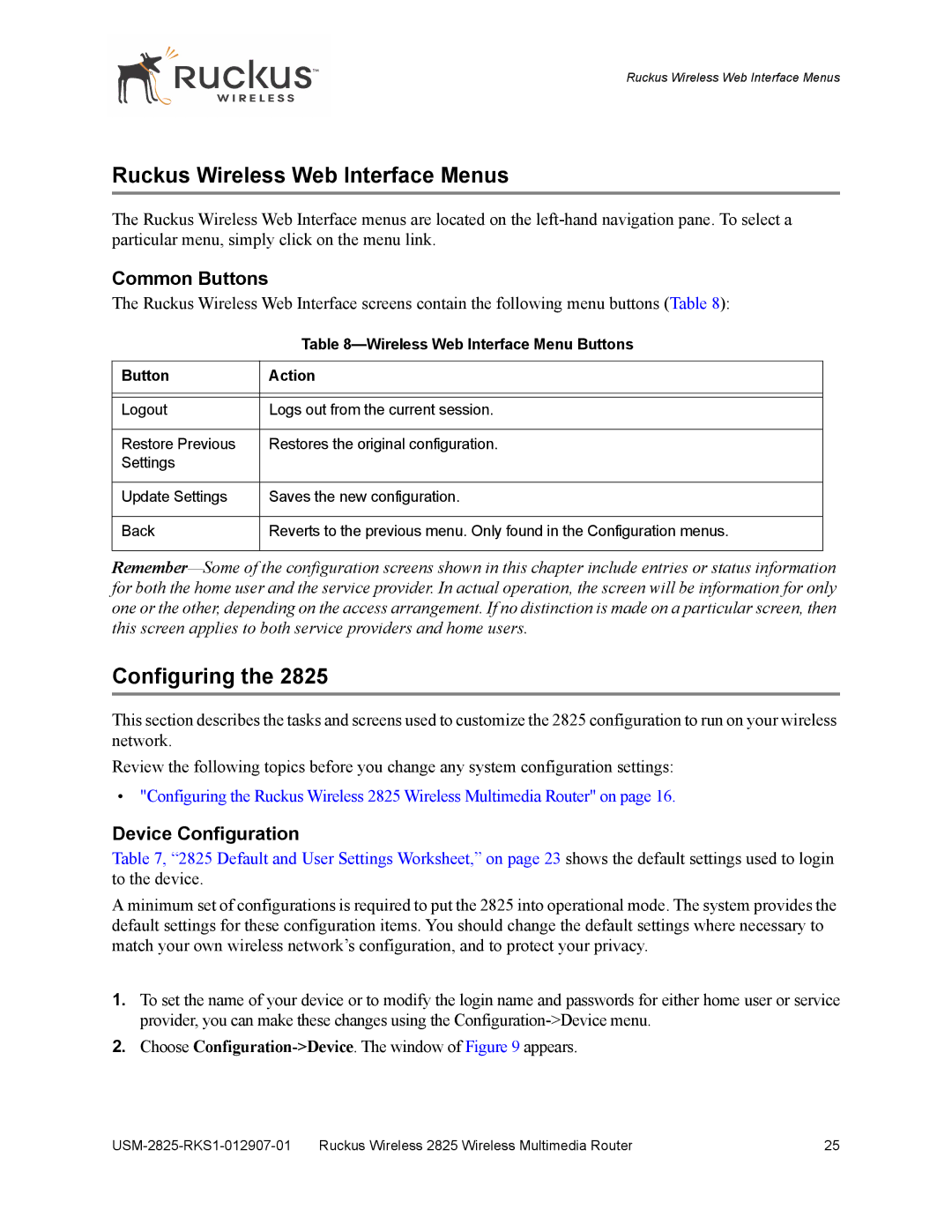 Ruckus Wireless 2111, 2825 manual Ruckus Wireless Web Interface Menus, Configuring, Common Buttons, Device Configuration 