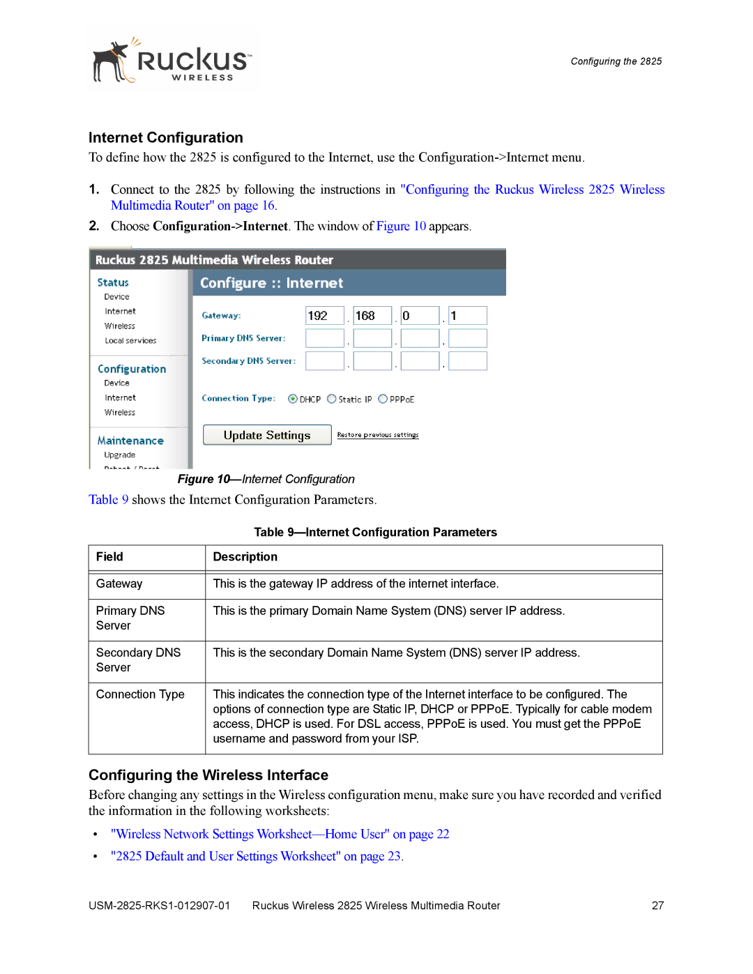 Ruckus Wireless 2111, 2825 manual Internet Configuration, Configuring the Wireless Interface 