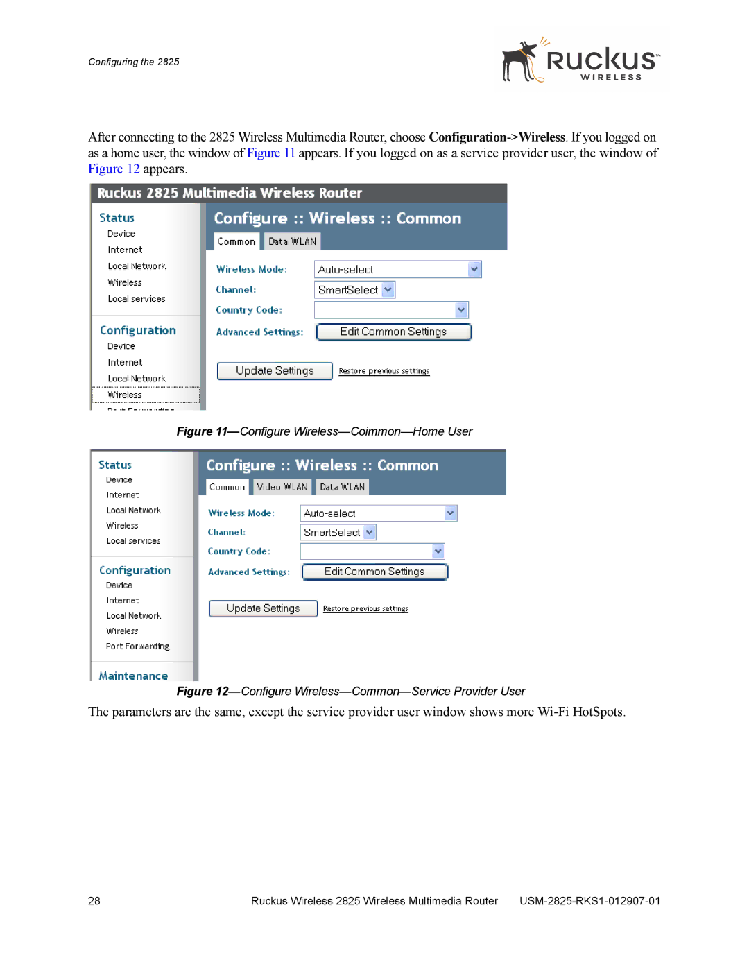 Ruckus Wireless 2825, 2111 manual Configure Wireless-Coimmon-Home User 