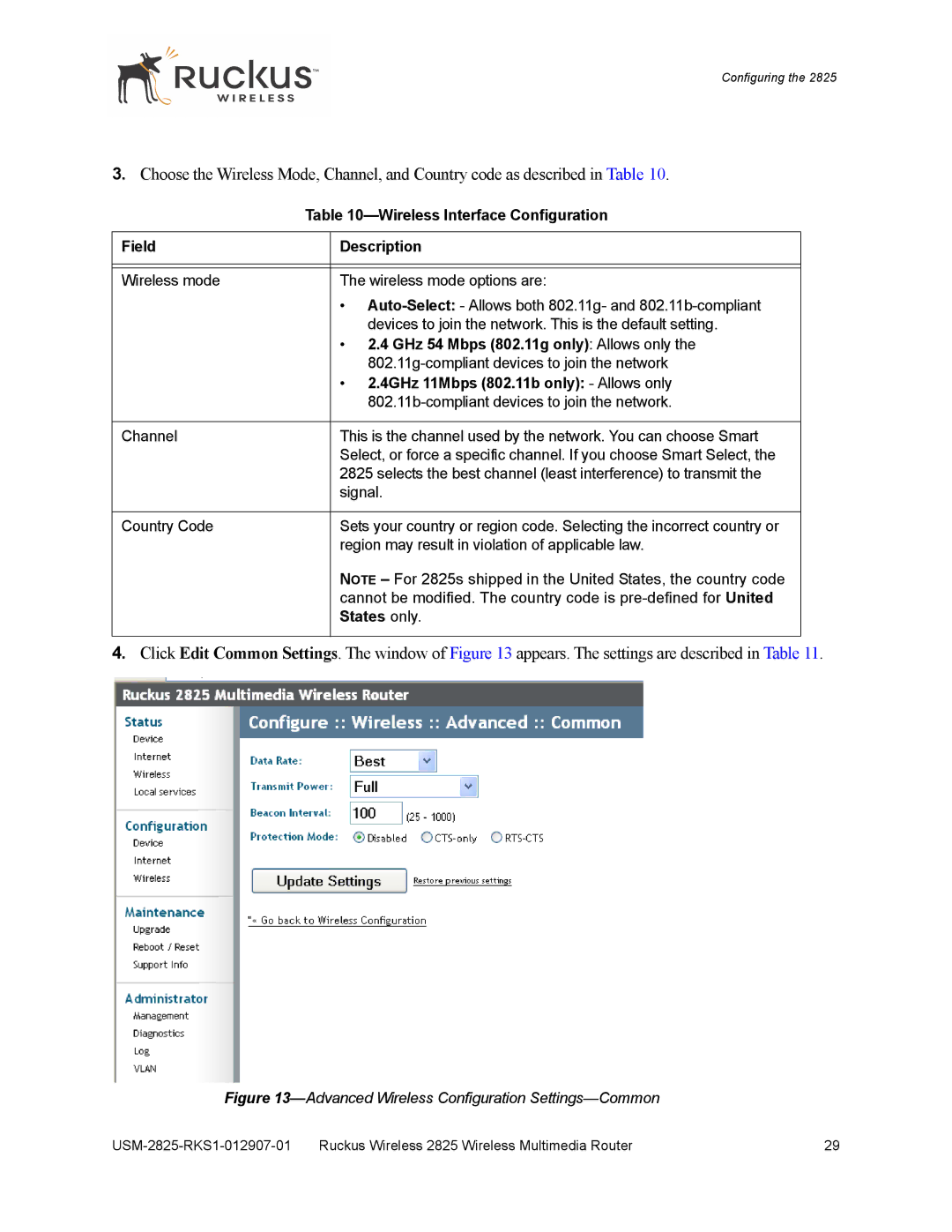 Ruckus Wireless 2111 Wireless Interface Configuration Field Description, GHz 54 Mbps 802.11g only Allows only, States only 