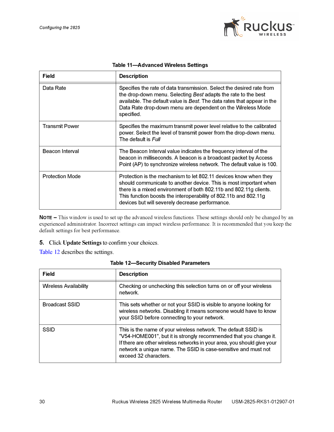 Ruckus Wireless 2825, 2111 manual Advanced Wireless Settings, Field Description, Security Disabled Parameters 