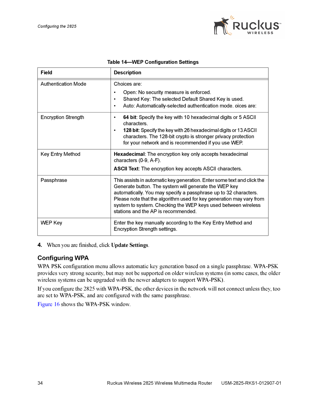 Ruckus Wireless 2825, 2111 manual Configuring WPA, WEP Configuration Settings 