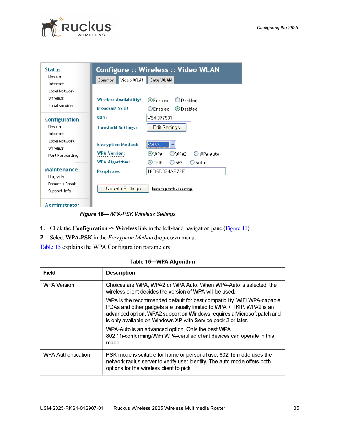 Ruckus Wireless 2111, 2825 manual WPA-PSK Wireless Settings 