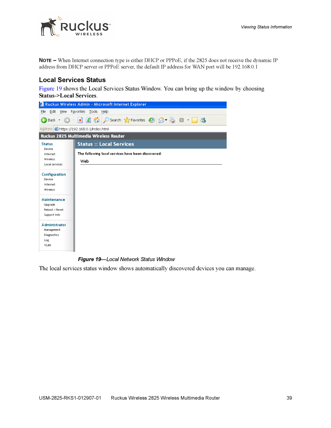 Ruckus Wireless 2111, 2825 manual Local Services Status, Local Network Status Window 