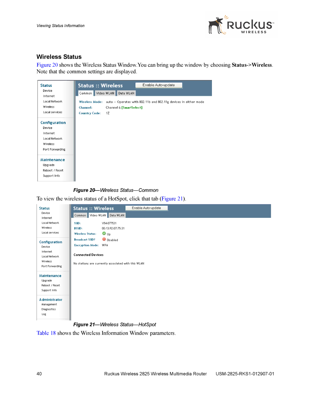 Ruckus Wireless 2825, 2111 manual Wireless Status, Shows the Wireless Information Window parameters 
