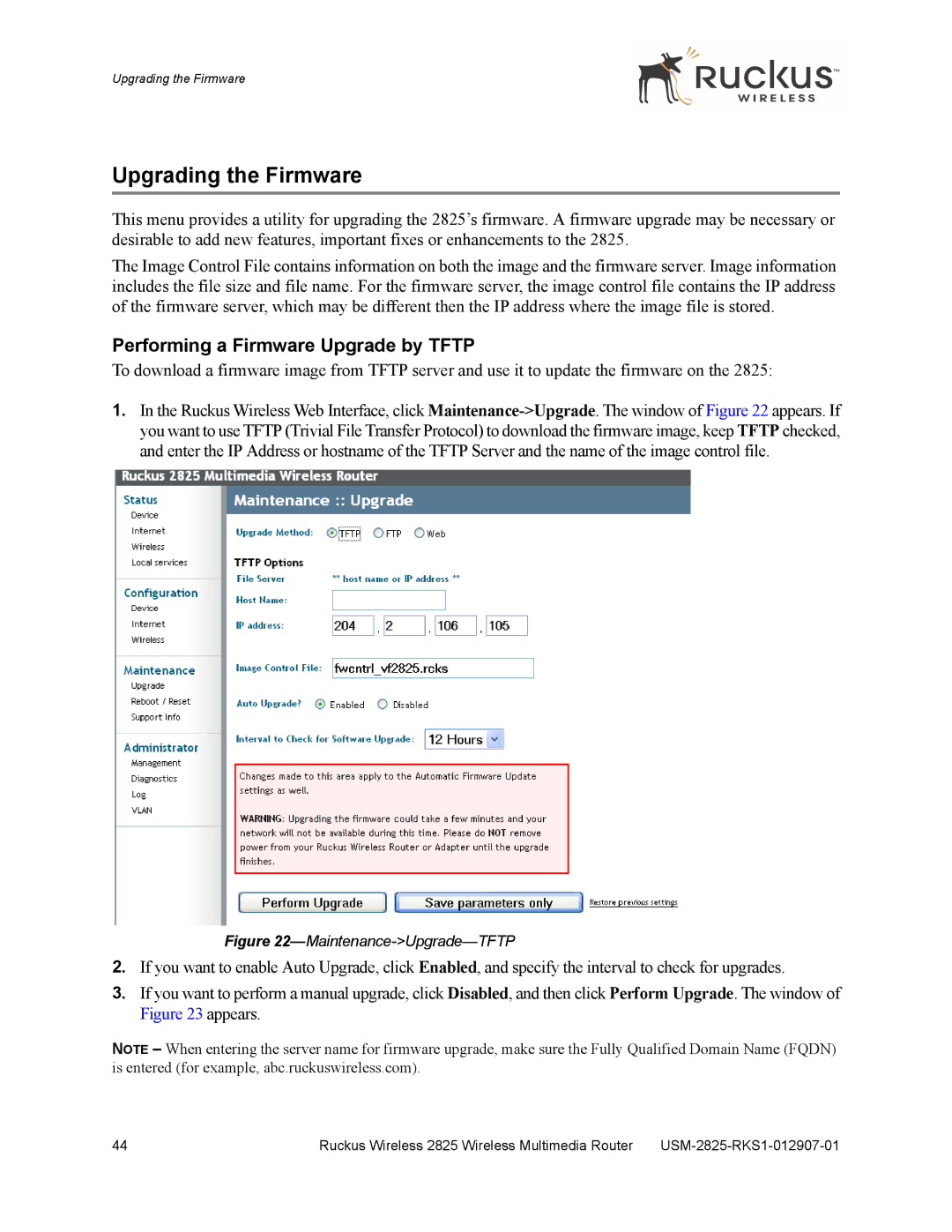 Ruckus Wireless 2825, 2111 manual Upgrading the Firmware, Performing a Firmware Upgrade by Tftp 