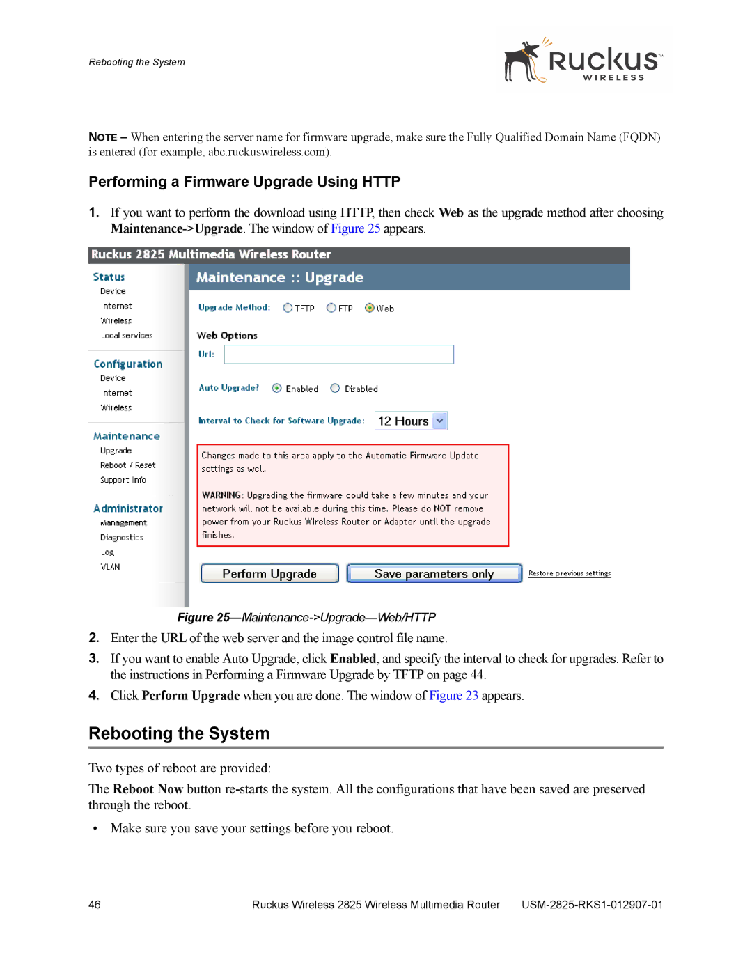 Ruckus Wireless 2825, 2111 manual Rebooting the System, Performing a Firmware Upgrade Using Http 