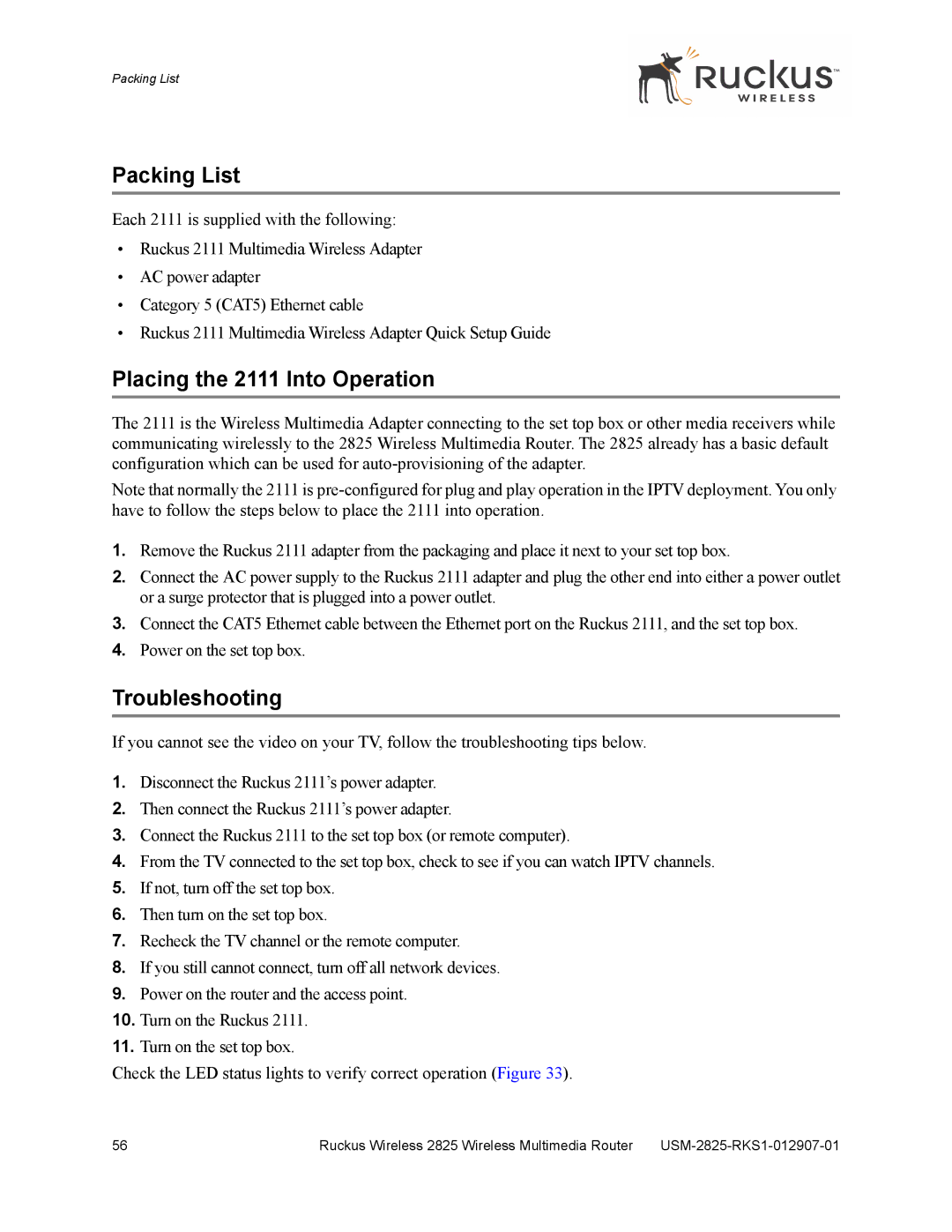 Ruckus Wireless 2825 manual Packing List, Placing the 2111 Into Operation 