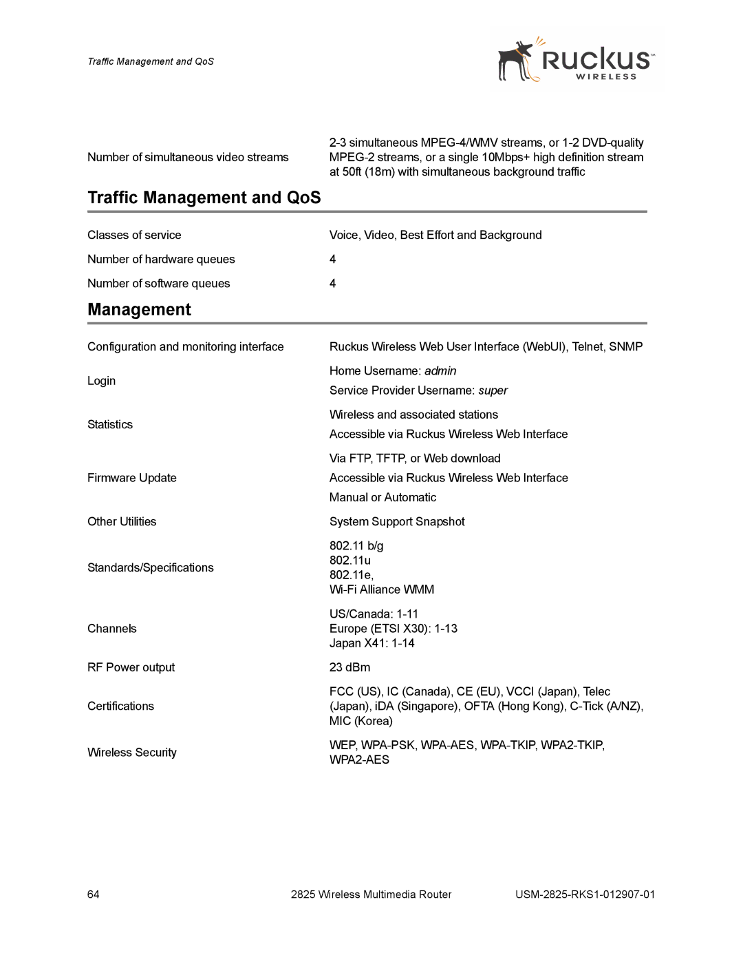 Ruckus Wireless 2825, 2111 manual Traffic Management and QoS 