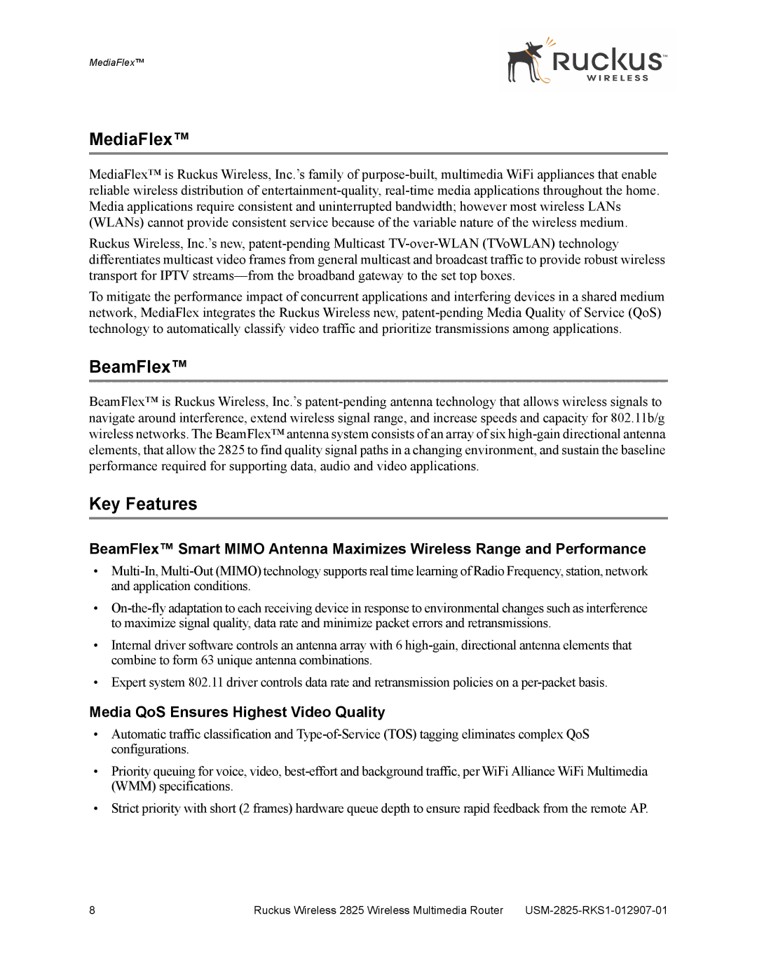 Ruckus Wireless 2825, 2111 manual MediaFlex, BeamFlex, Key Features, Media QoS Ensures Highest Video Quality 