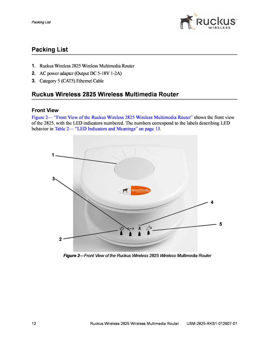 Ruckus Wireless 2111 manual Packing List, Ruckus Wireless 2825 Wireless Multimedia Router, Front View 