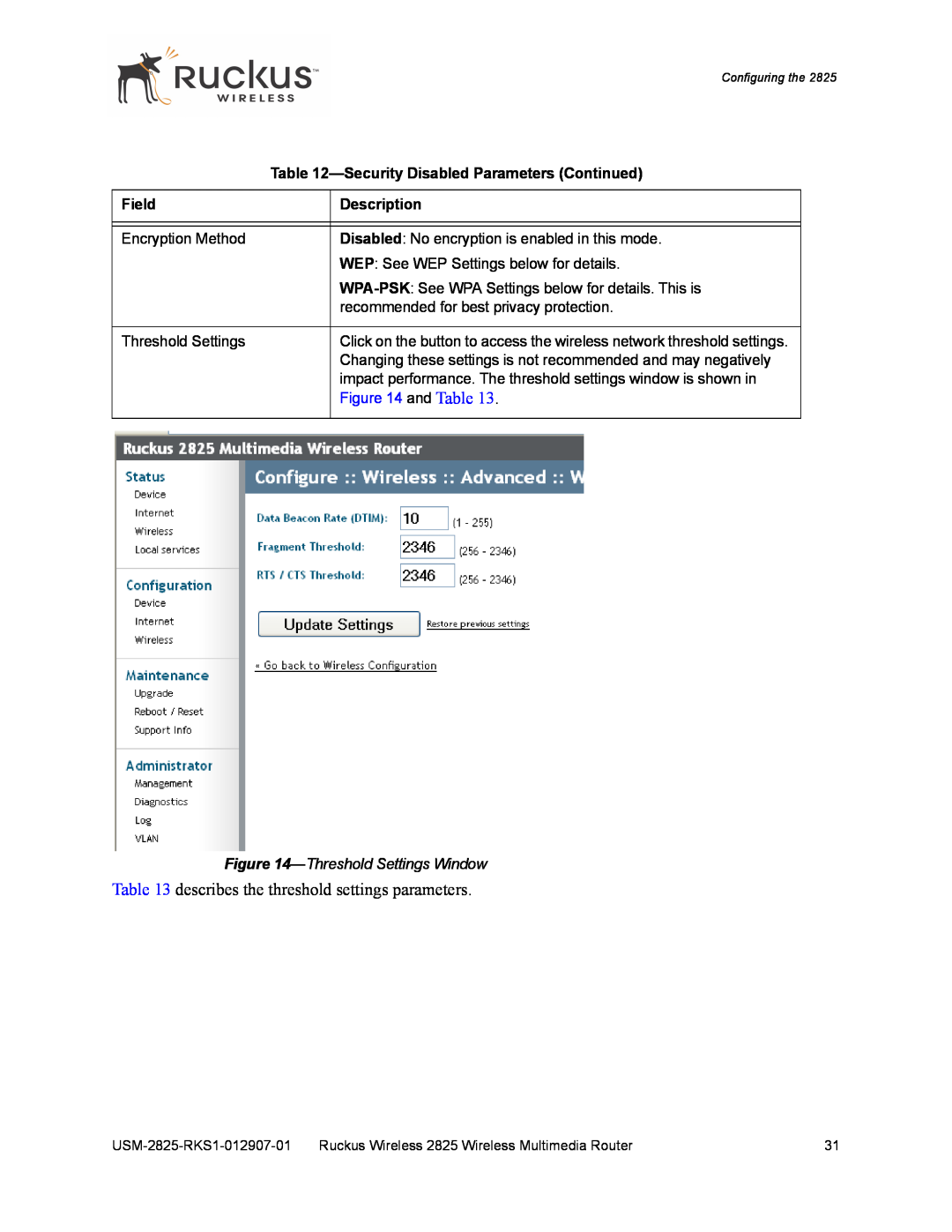 Ruckus Wireless 2111 describes the threshold settings parameters, Security Disabled Parameters Continued, Field, and Table 