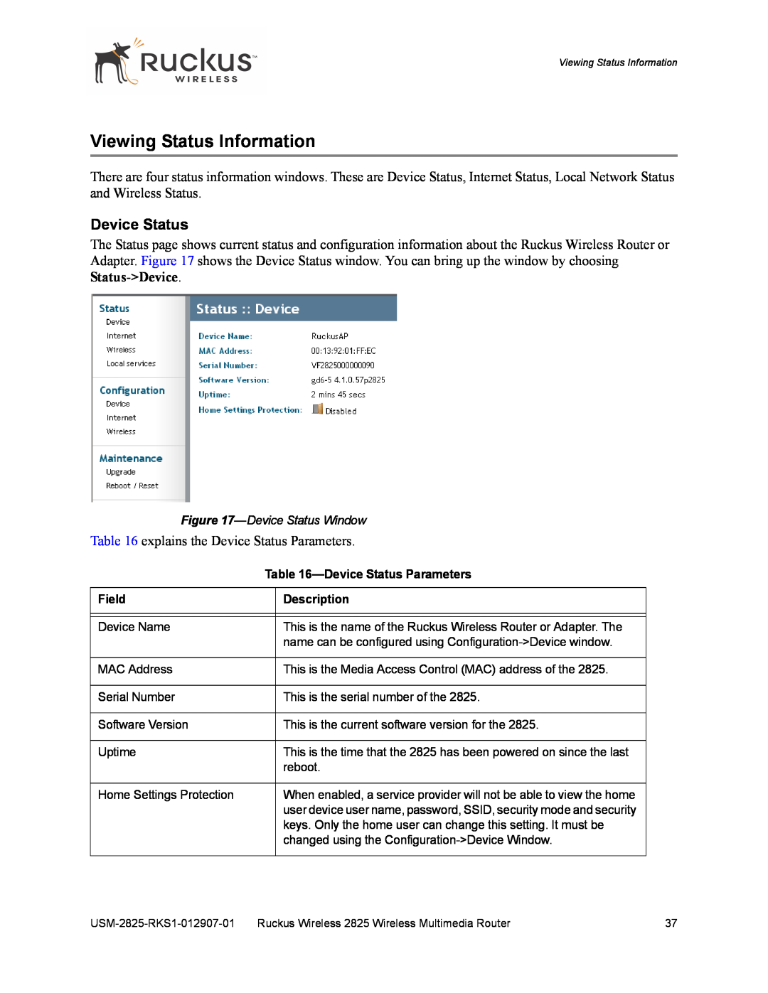 Ruckus Wireless 2111, 2825 manual Viewing Status Information, explains the Device Status Parameters 