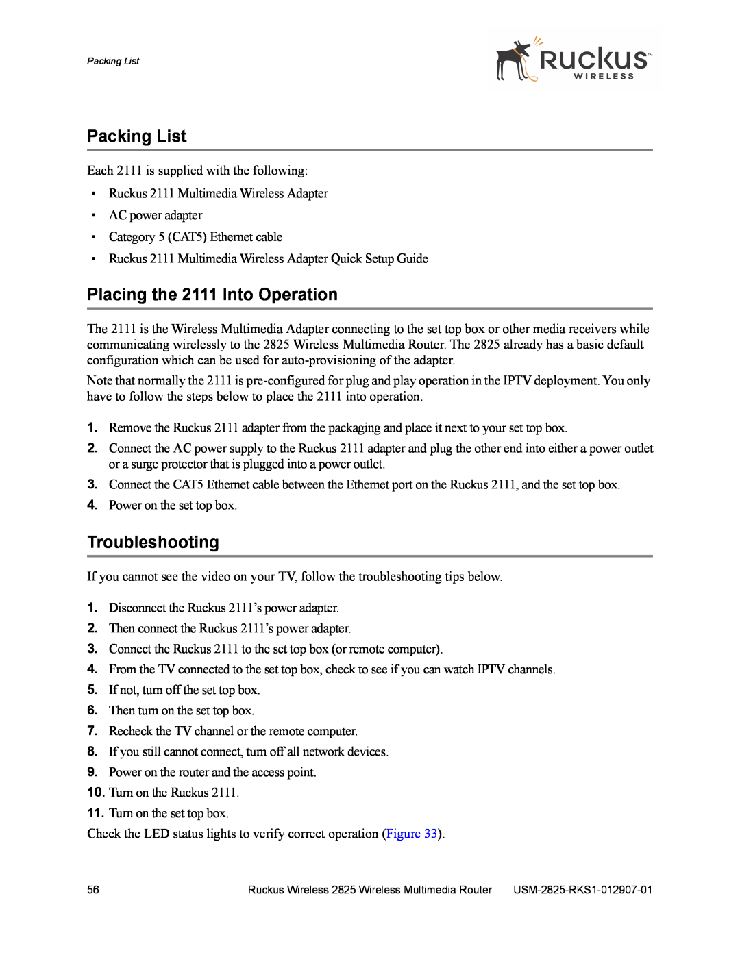 Ruckus Wireless 2825 manual Placing the 2111 Into Operation, Packing List, Troubleshooting 
