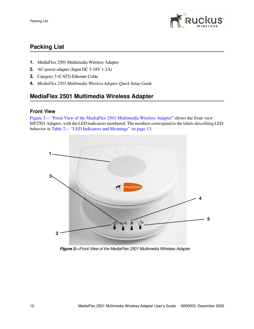 Ruckus Wireless MF2501 manual Packing List, MediaFlex 2501 Multimedia Wireless Adapter, Front View 