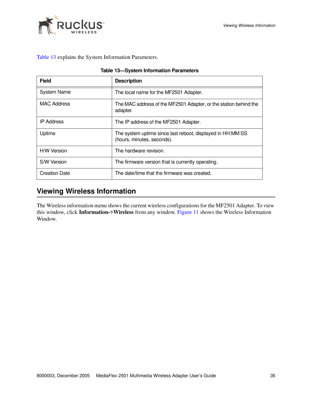 Ruckus Wireless MF2501 manual Viewing Wireless Information, Explains the System Information Parameters 